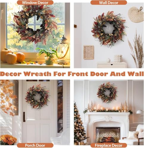 Fall Wreath for Front Door 24 Inch Artificial Red Broad Leaves Burgundy Berry