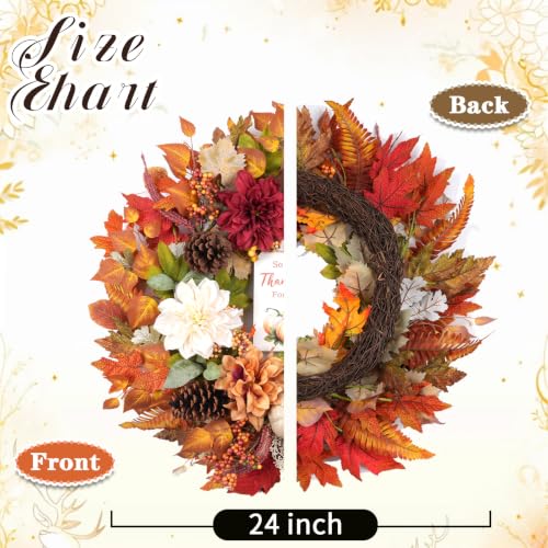 Fall Wreath for Front Door with Pumpkins Dahlias Pinecones Wood Sign - 24 Inch