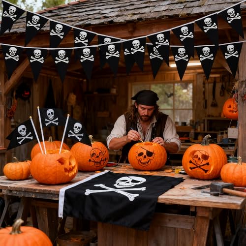 Pirate Day Party Flag Set with Skull Banner and Handheld Flags - Indoor Outdoor Decor