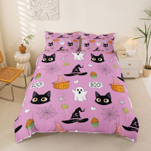 Multi 10 Pink Duvet Cover Set with Witch Hat & Spider Web Halloween Design - Full Size, No Comforter