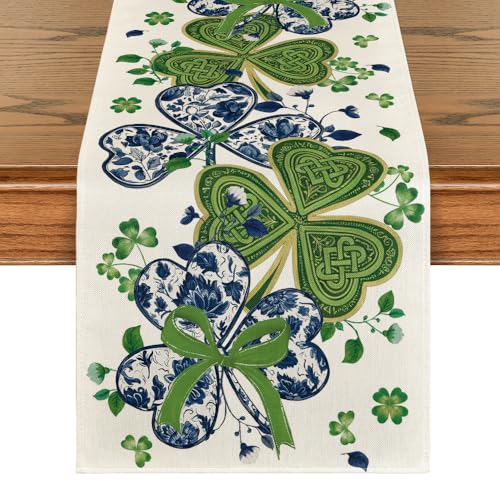 Blue and White Porcelain Shamrocks Table Runner 13x72 Inch for St. Patrick's Day Kitchen Decor
