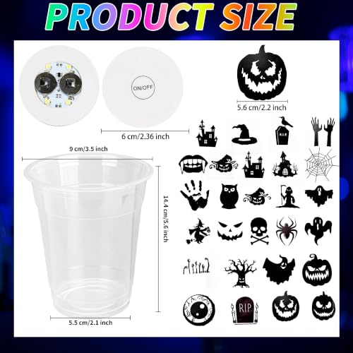 Glow in The Dark Halloween Party Cups Set with Stickers and Coasters - 70 Pcs, 12 oz