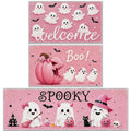 Pink Halloween Ghost Kitchen Rugs Set — 3 Pieces, 16x28 & 16x47 Inches, Ghost & Pumpkin Decor, Seasonal Floor Mat