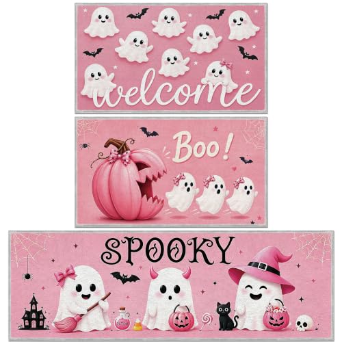 Pink Halloween Ghost Kitchen Rugs Set — 3 Pieces, 16x28 & 16x47 Inches, Ghost & Pumpkin Decor, Seasonal Floor Mat