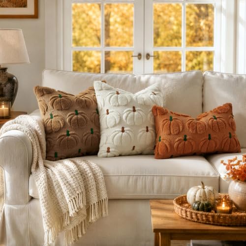 Fall Pumpkin Pillow Covers 12x20 Inch Set of 2 Dark Rust Green Stem Autumn Decor