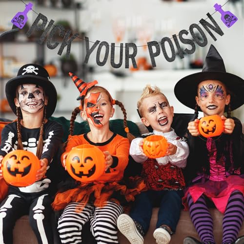 Black Glitter Halloween Banner Pick Your Poison Party Decor with Potion Bottles