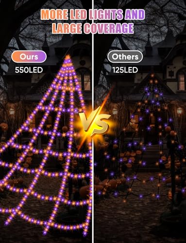 Halloween Web Lights with 550 LEDs & 8 Modes - Outdoor Spider Web Decor, 16.4ft, Waterproof, Timer, No Big Spider