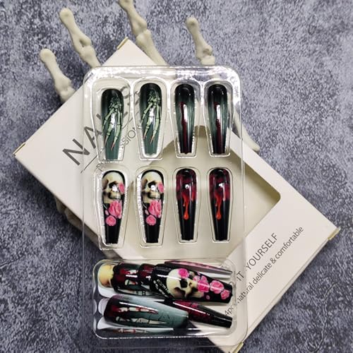 Halloween Press on Nails Coffin Fake Nails with Rose Skull Blood Horror Design - Variation of THIS listing