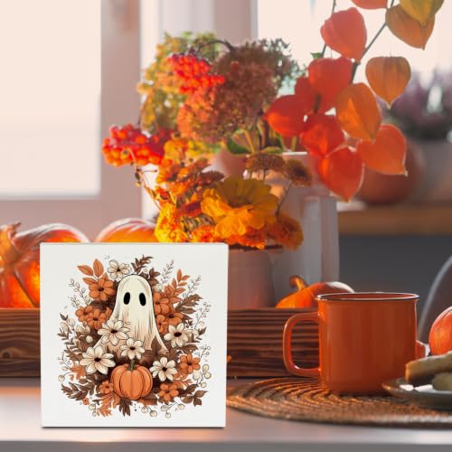 Ghost Halloween Wooden Sign - Spooky Floral Ghost Wooden Box Decor - Variation of Ghost Flower