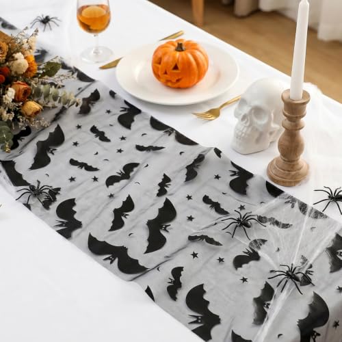 Halloween Black Bat Table Runner 11x108 Inch - Mesh Spooky Decor - Black Bat Variation