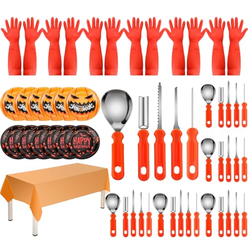 Halloween Carving Kit 49 Pcs with Knives Gloves and Accessories - Orange, Tangerine, Pumpkin