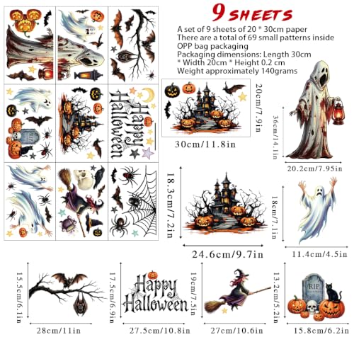 Halloween Window Clings Decor - Ghost, Bat, Pumpkin, Skull, Spiders, 8 Sheets