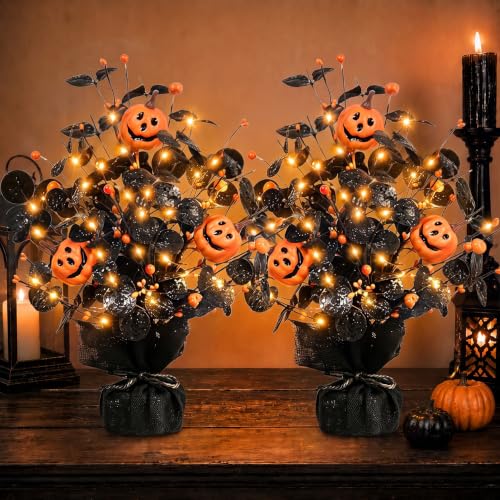 Black Brown Orange Lighted Halloween Table Tree Set - 2 Pack Seasonal Pumpkin Decor