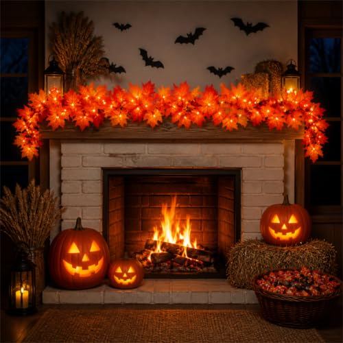 9FT Fall Garland with Lights - Connectable Orange Maple Leaf Decor - 3 Pack