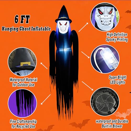 6FT Hanging Ghost Inflatable Halloween Decor with Built-in LEDs - Outdoor & Yard