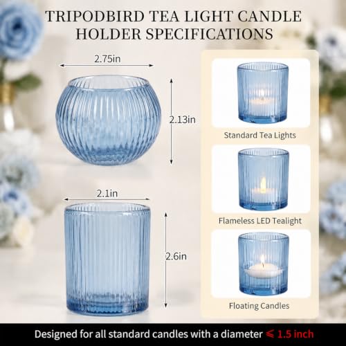 30 Pcs Blue Ribbed Glass Votive Candle Holders Set - Assorted Shapes for Home & Events