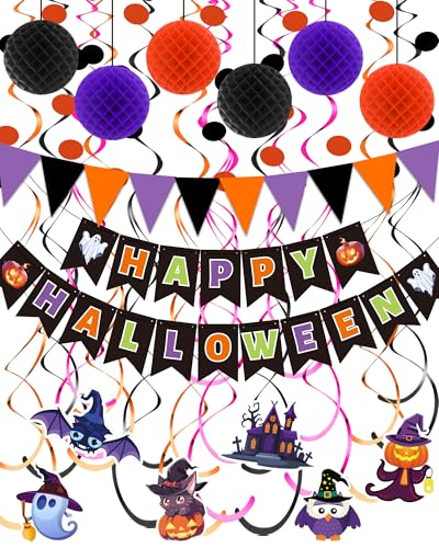 Halloween Party Decorations Kit - Banner, Bunting, Streamers & Poms - Indoor Halloween