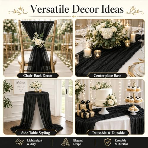 Black Cheesecloth Table Runner 6 Pack - 22 x 120 Inch, Elegant Rustic Decor