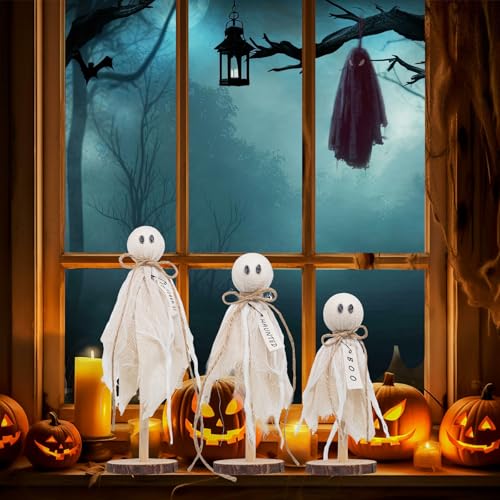 Wooden Ghost Halloween Decorations Indoor Set of 3 Rustic Shelf Sitters with Fabric Ghosts - White Variation
