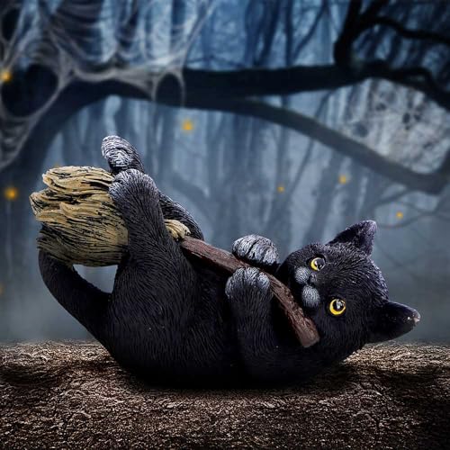 Witch’s Broomstick Black Cat Figurine - Hand-Painted Resin Gothic Decor
