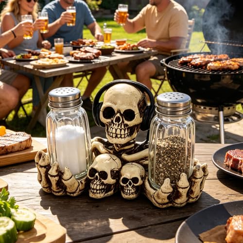 Halloween Skeleton Salt and Pepper Shaker Set - Gothic Kitchen Decor, Skeleton Holder