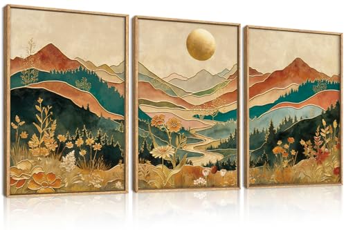 Boho Mountain Colorful Canvas Wall Art Set - 24x36 Inches, Framed, Variations Included