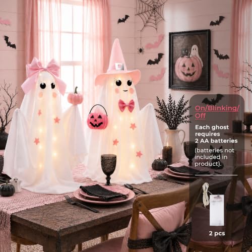 Pink & White Light-Up Halloween Ghost Decor Set of 2 - Adjustable Size Indoor Tabletop Decorations