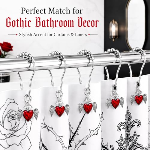 Halloween Shower Curtain Hooks - Gothic Red Heart with Wing, 12 Pack