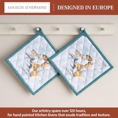 Neige De Noel Pot Holders Set - 8x8 Inch Cotton Holiday Kitchen Accessories - Pack of 2