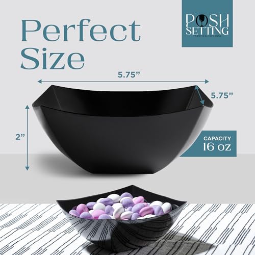 16oz Black Plastic Serving Bowls - Pack of 4, Square Disposable Party Dishware