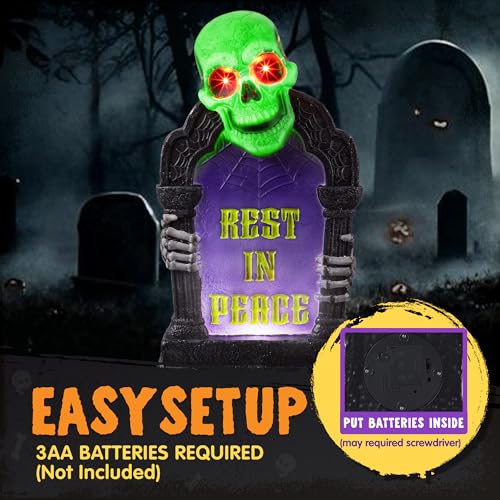 Halloween Graveyard Tombstone Decoration with Glowing Skeleton, 16.5 Inch Outdoor LED Yard Prop