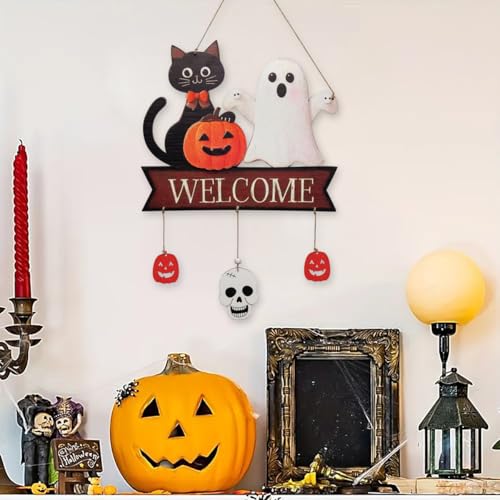 Halloween Welcome Sign Hanging Wood Decor - Ghost, Cat, Pumpkin & Skull
