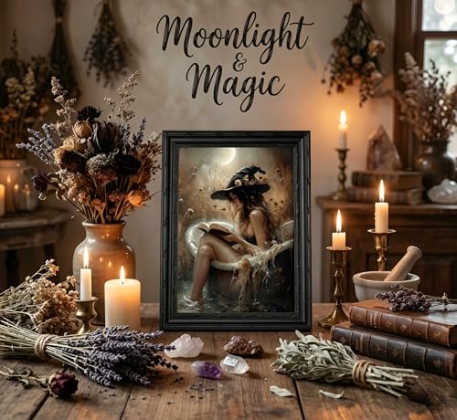 Halloween Witch Bathroom Canvas Wall Art - Framed 16x12 Inch Witch Reading Book in Bathtub - Gothic Home Decor