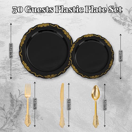 Black and Gold Plastic Dinnerware Set - 150 Pieces for Parties & Events
