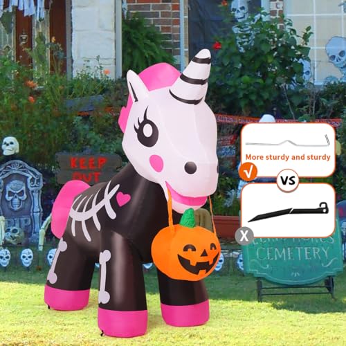 5FT Halloween Inflatable Skeleton Unicorn with LED Lights Outdoor Yard Decor