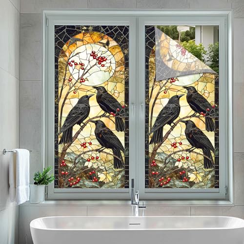 Autumn Window Cling with Black Crows and Red Berries - Halloween & Fall Decor 18x39 PVC