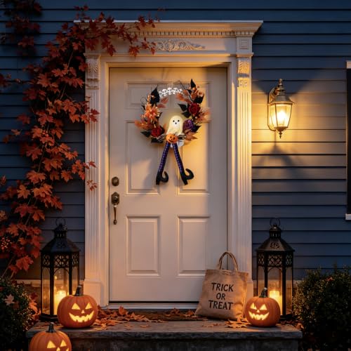 Halloween Wreath for Front Door 24.8 Inch with Witch Legs & Pumpkins - Indoor Outdoor Decor