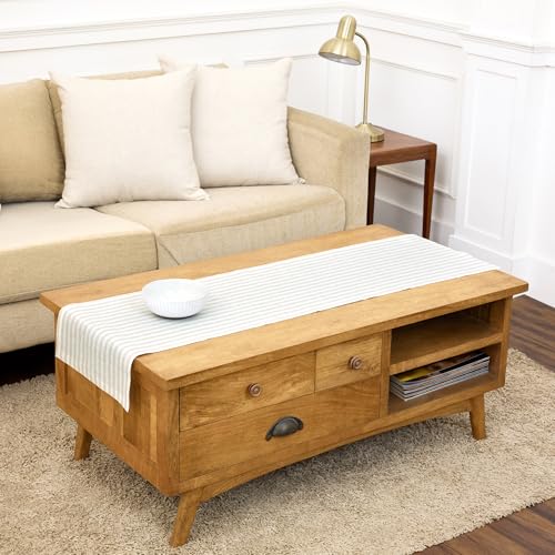 Pure Linen Table Runner 14x60 Inch Natural & White Striped - Handcrafted