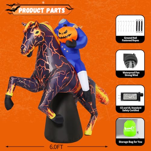 6FT Halloween Headless Horseman Inflatable Decor with LEDs for Outdoor Yard Party