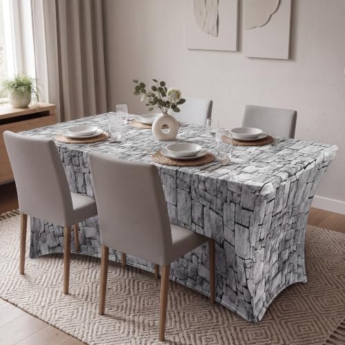 2 Pack 6ft Rectangular Spandex Tablecloth with Grey Stone Wall Pattern - Fitted for 72x30 Inch Tables