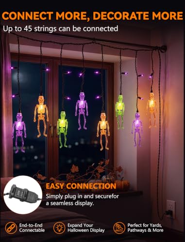 Skeleton Lights Halloween Skull String Lights - 7Ft Outdoor Purple & Orange LED Curtain with Variation