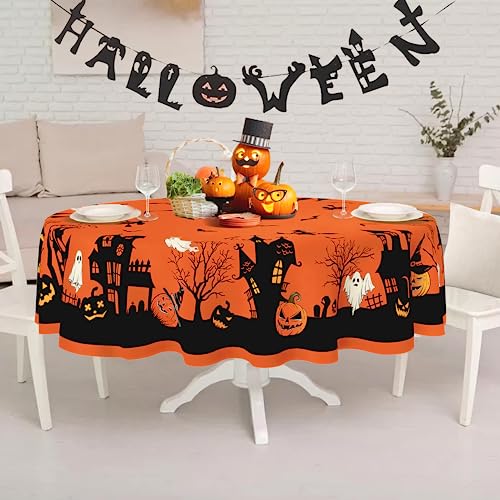 Oval Halloween Tablecloth 84x60 Inch Spooky Pumpkin Castle Witch Decor - Waterproof & Durable