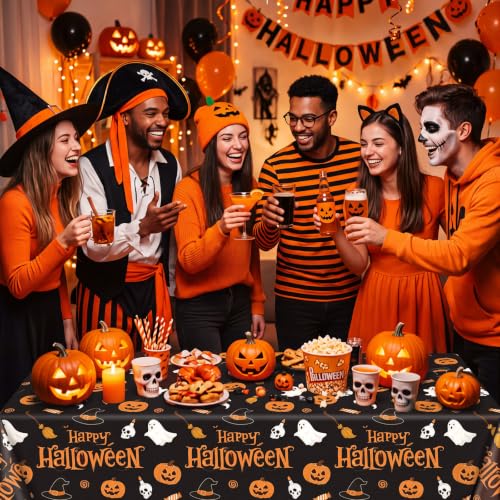 Halloween Tablecloth Set - 6 Disposable Plastic Table Covers with Pumpkin & Ghost Design - Black and Orange