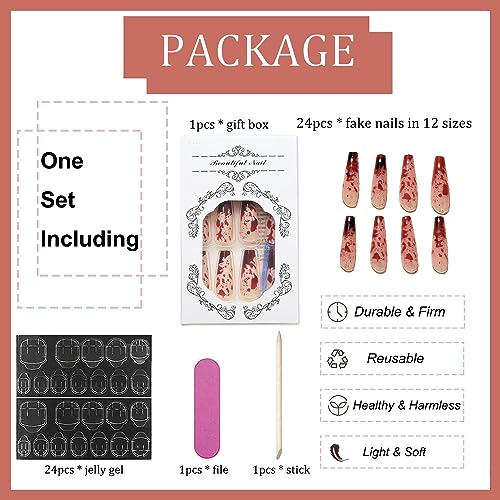 Red Halloween Fake Nails Long Acrylic Coffin Tips with Blood Drip Design - 24Pcs