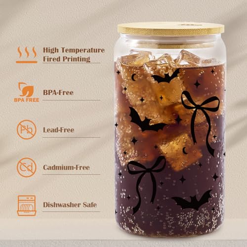 Halloween Glass Cup 16 Oz Bat Tumbler with Ghost Straw Topper - Black Bat Variation