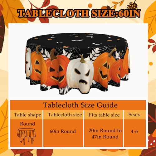 Halloween Round Tablecloth 60x60 Inch Pumpkin Ghost Holiday Decor - Black