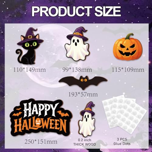 Halloween Ghost Bat Pumpkin Wooden Wall Art Decor with Cat Variation