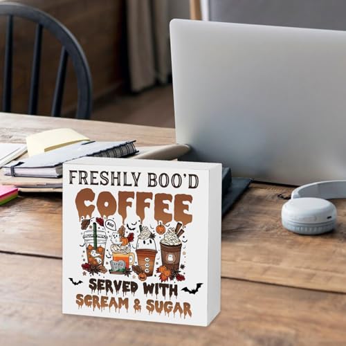 Halloween Coffee Bar Sign Wooden Decor - Ghost & Fall Theme, Indoor Kitchen Accent