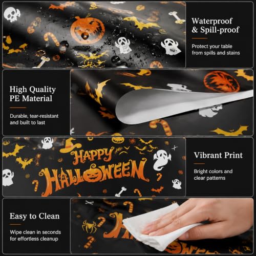 Halloween Party Tablecloths 3 Pack - Spooky Pumpkin Ghost Bat Skeleton Design - Black, White, Yellow