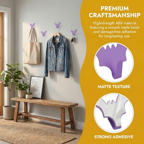 Bat Wall Hooks - 8-Pack Purple Adhesive Iron Hooks for Keys, Bags, Towels, Clothes